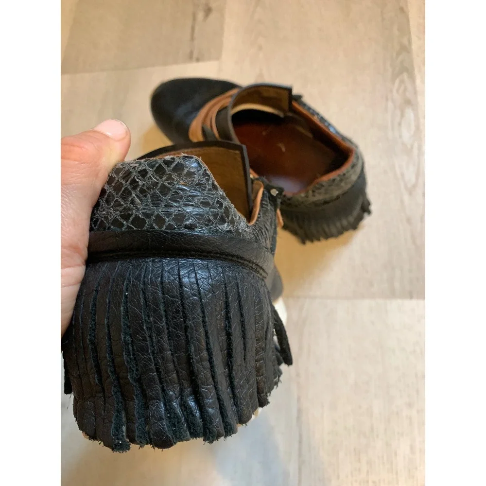 Esse Ut Esse Black Leather Fringe Sneakers Snakeskin Trim Made in Italy Size 39